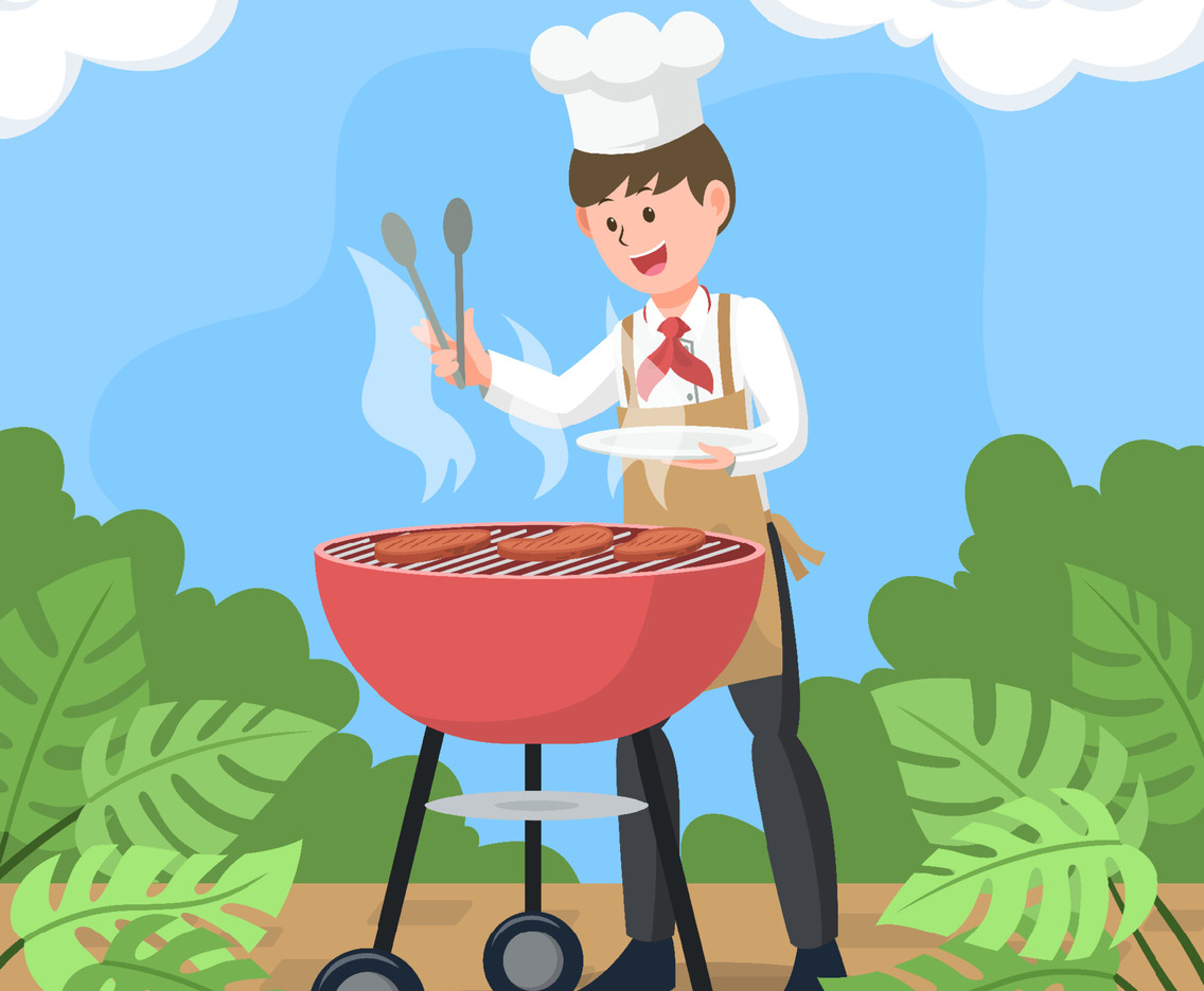 Chef Grilling Beef Barbecue in A Garden with Fun