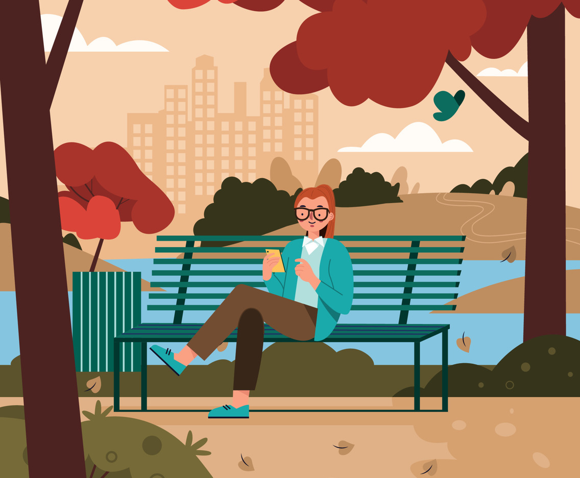 Woman Play Smartphone Sit On A Bench Park