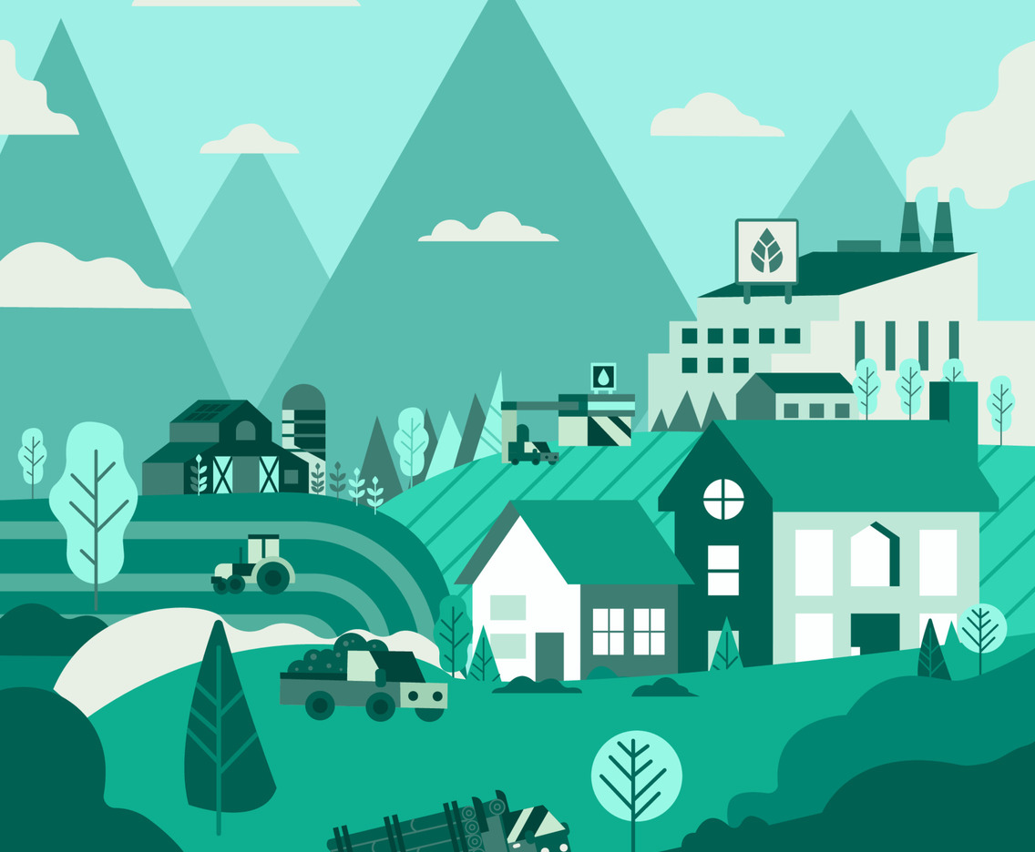 Green Suburb With Eco House and Factories Concept