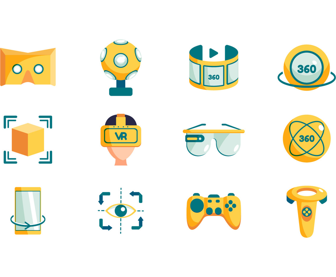 Flat Icon Set 360 Degree Technology with Yellow and Green Color