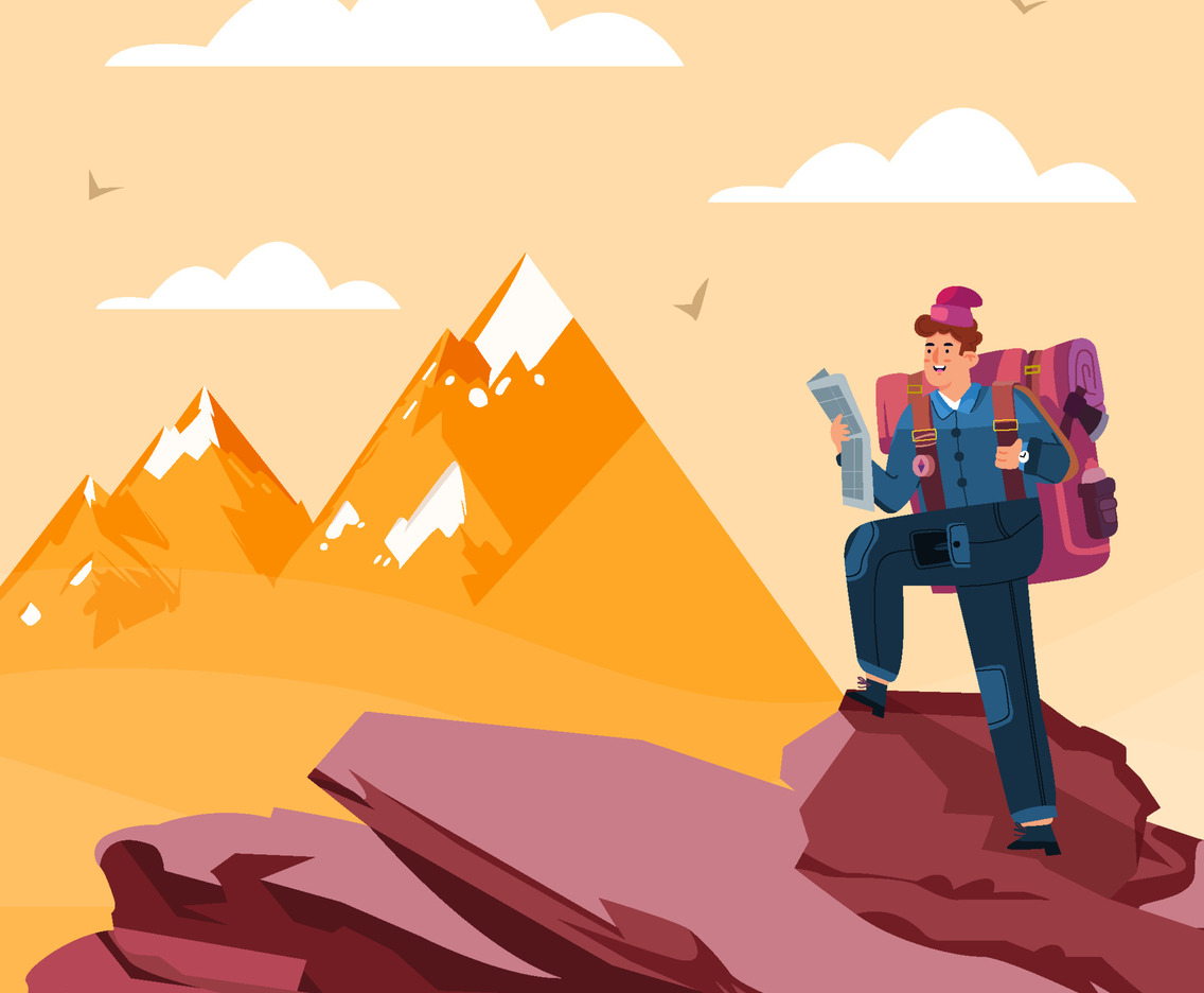 Man Read Map on Top of Mountain Concept