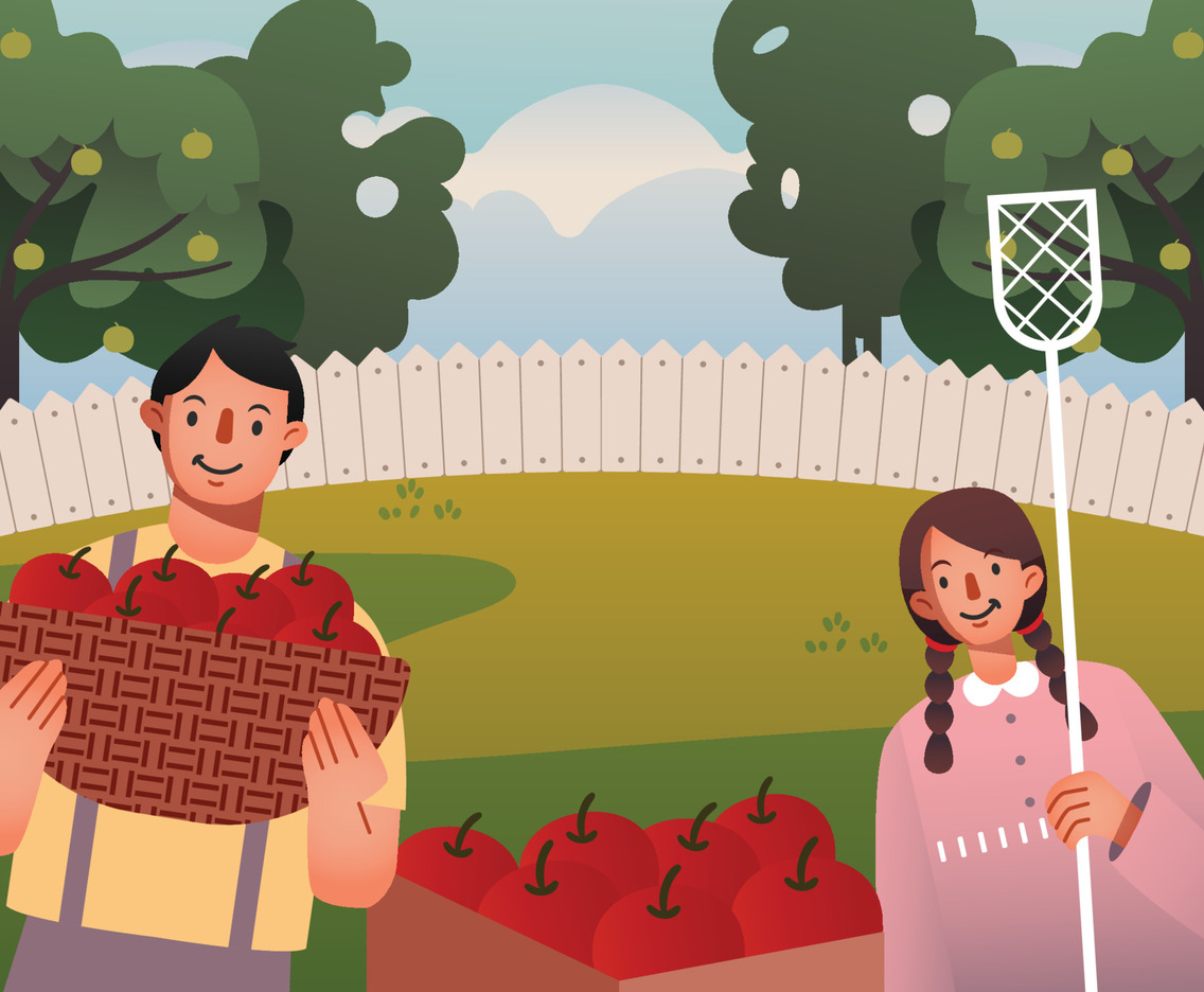 A Boy and a Girl Collecting Apple in the Garden