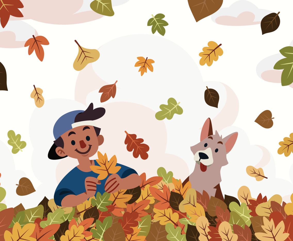 A Boy And His Dog Are Catching Fallen Leaves In Fall