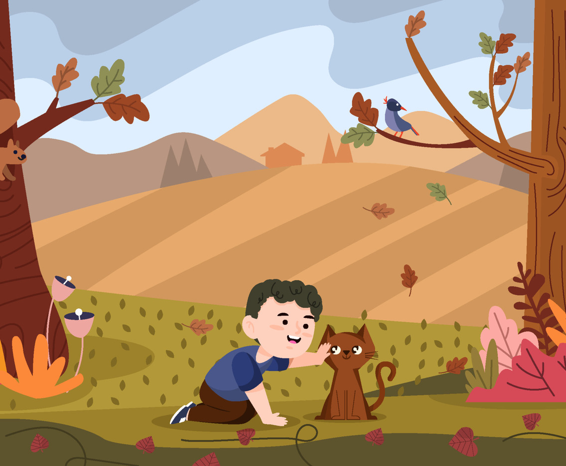 Boy Play With His Cat in Autumn Forest