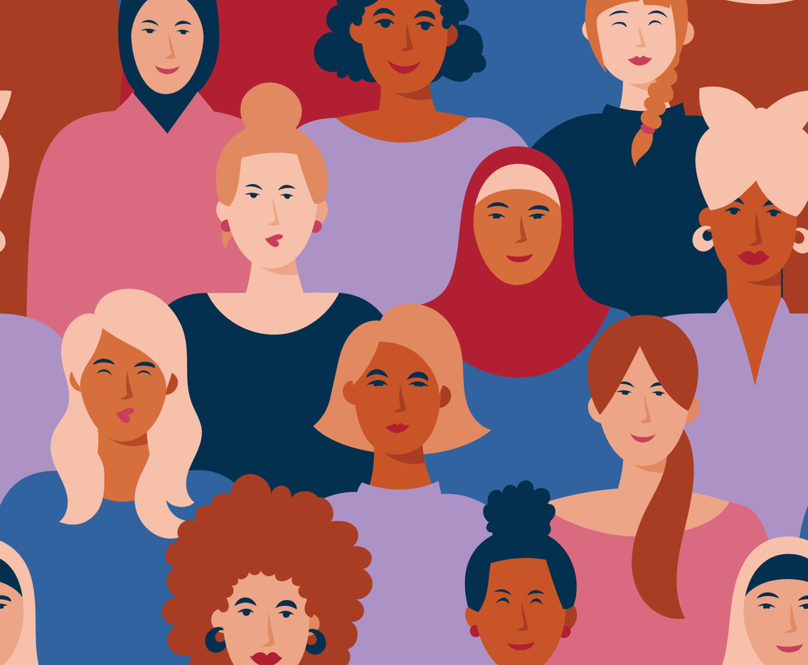 Seamless Pattern of Flat Portrait of Multiracial Woman