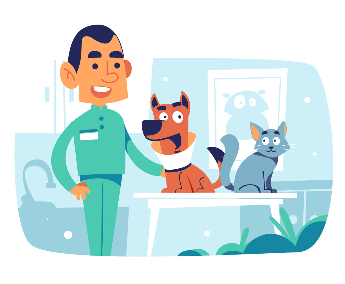 Veterinarian Character With Dog And Cat