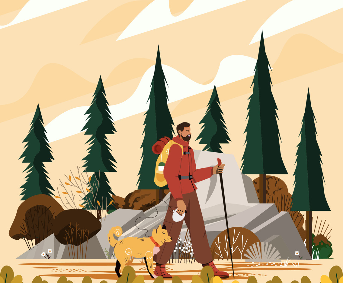 Man Hiking With Dog On Fall Season Concept