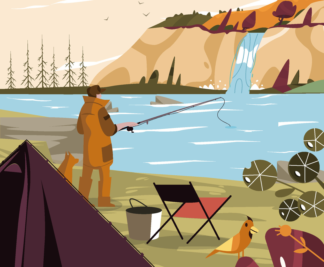 Fisherman Fishing Accompany With His Dog Concept