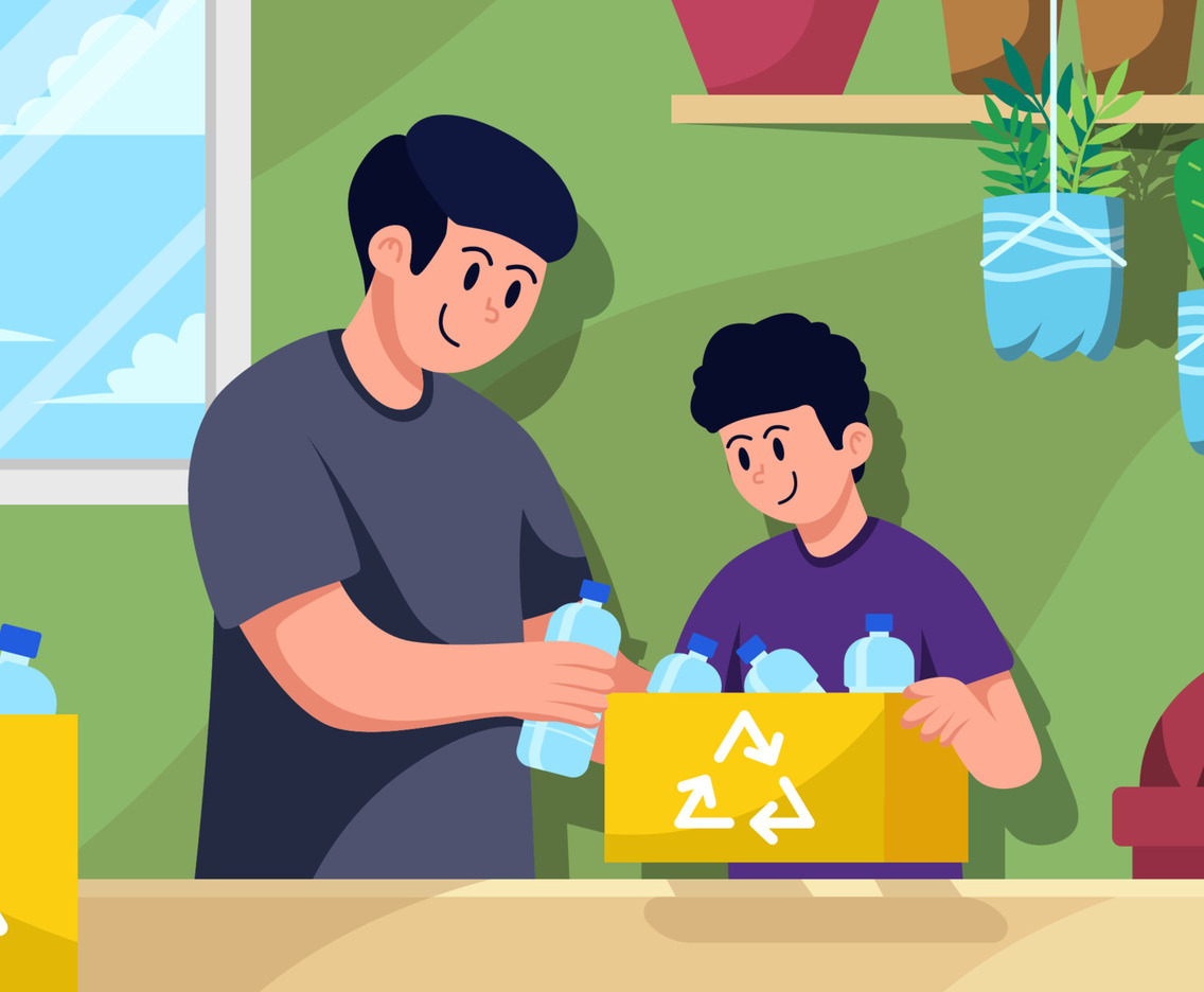 Father and Son are Recycling Plastic Wastes at Home