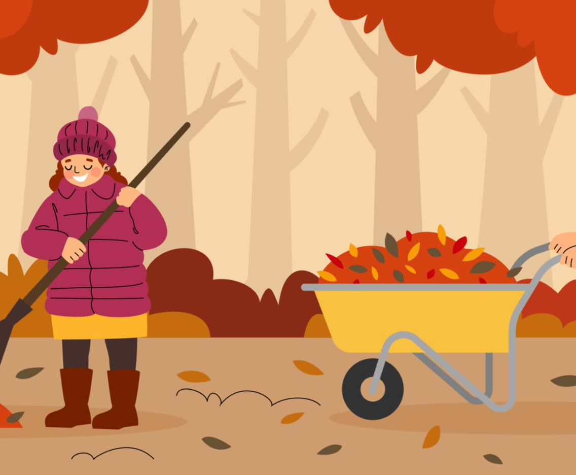 Boy and Girl Cleaning Up Fallen Leaves