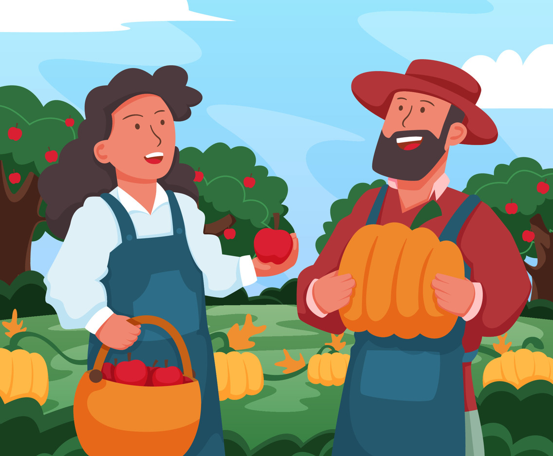 Happy Family Hunt Pumpkins and Apples