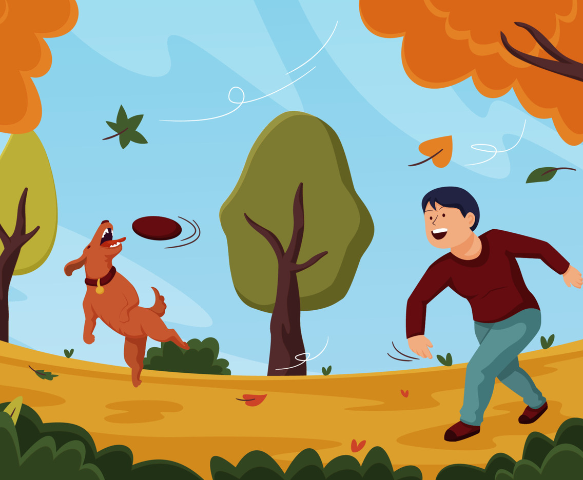 Boy Playing with Dog in Fallen Leaves Season