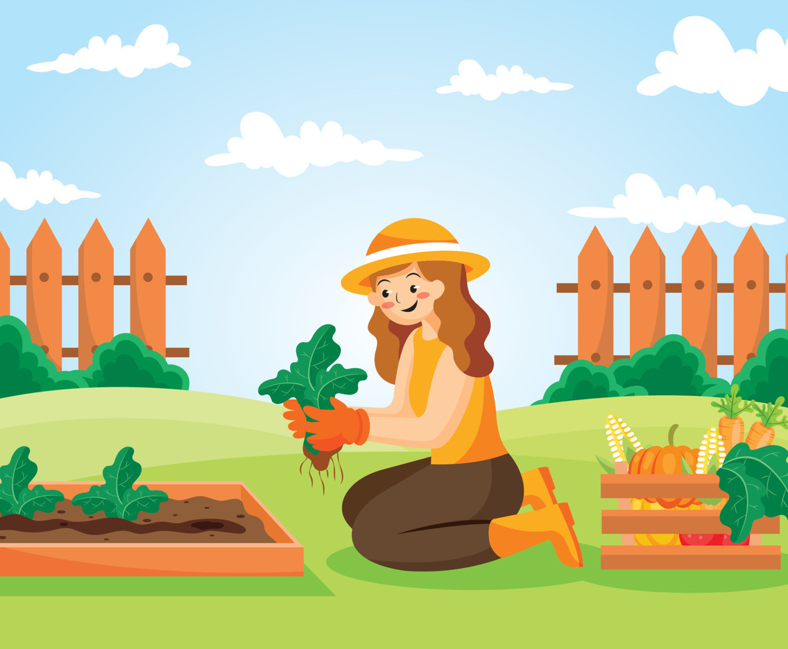 Girl Harvesting Food From Home Garden