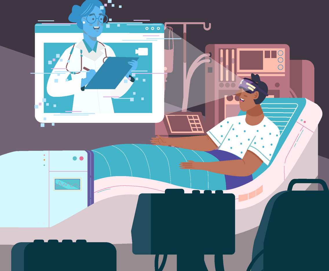 Patient Use Virtual Headset Talk With Doctor Concept