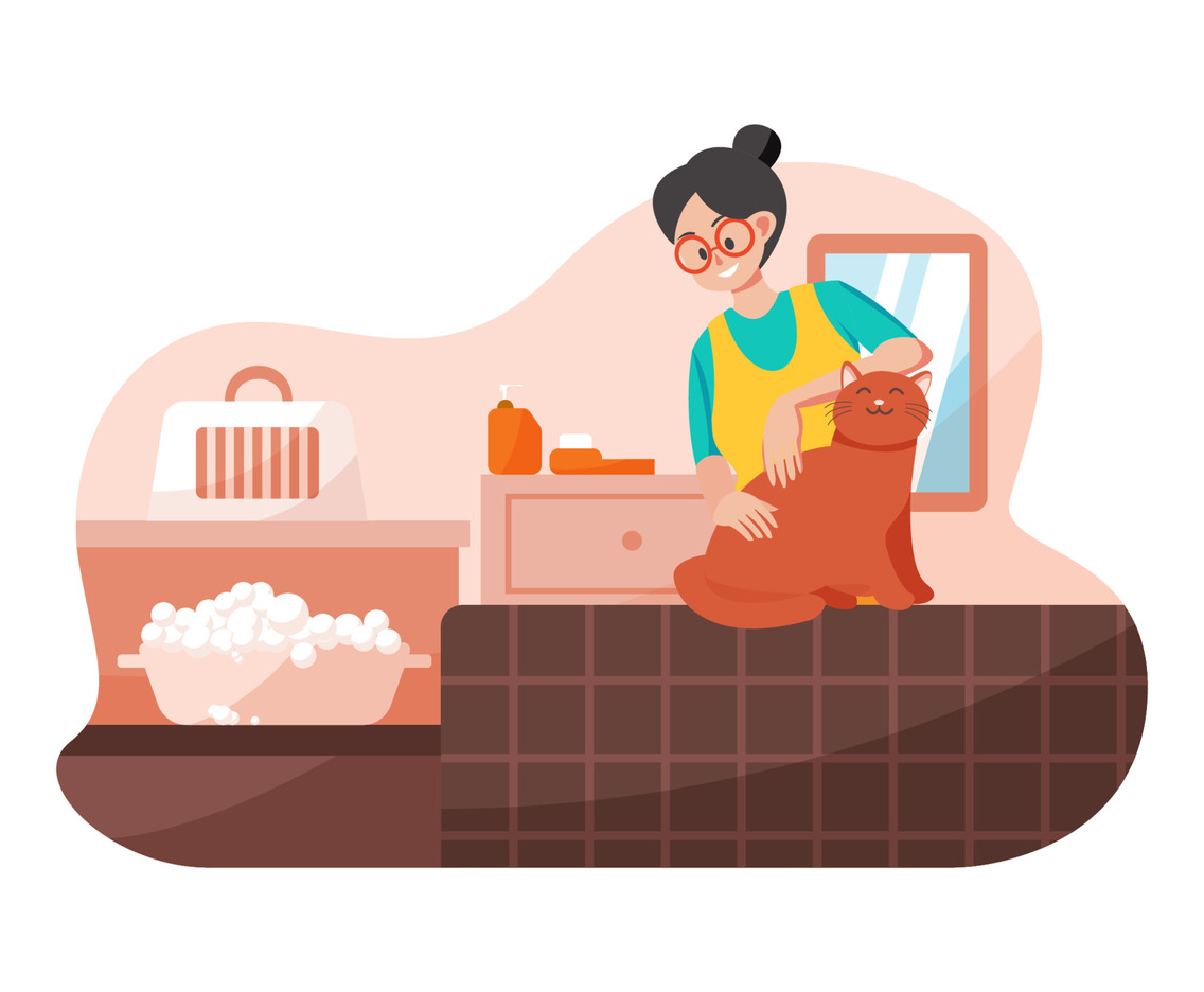 Cute Character Women Grooming a Cat