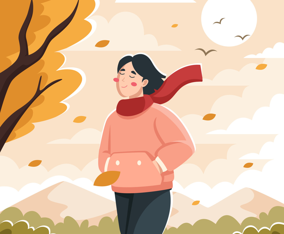 Woman Enjoying Wind and Falling Leaves in Autumn