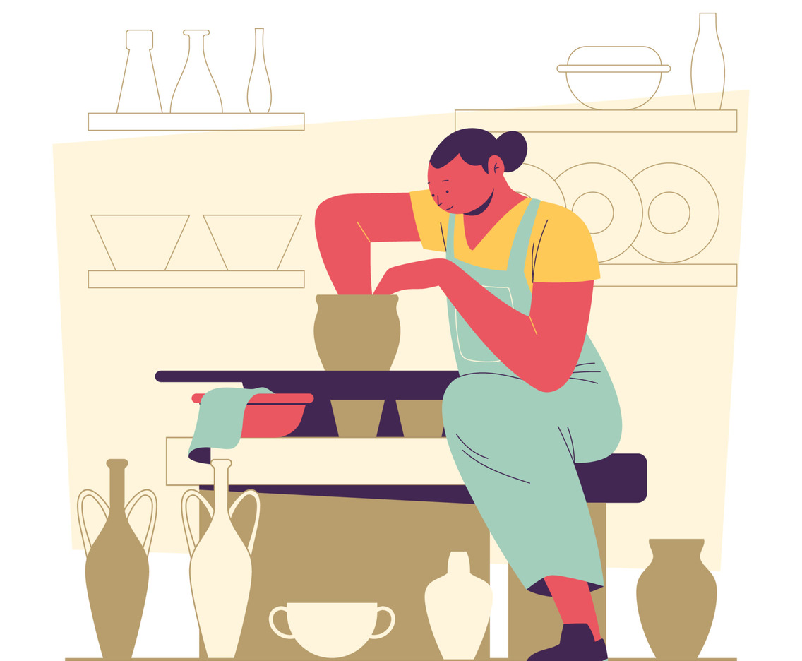 Female Master Potter Makes a Clay Vase