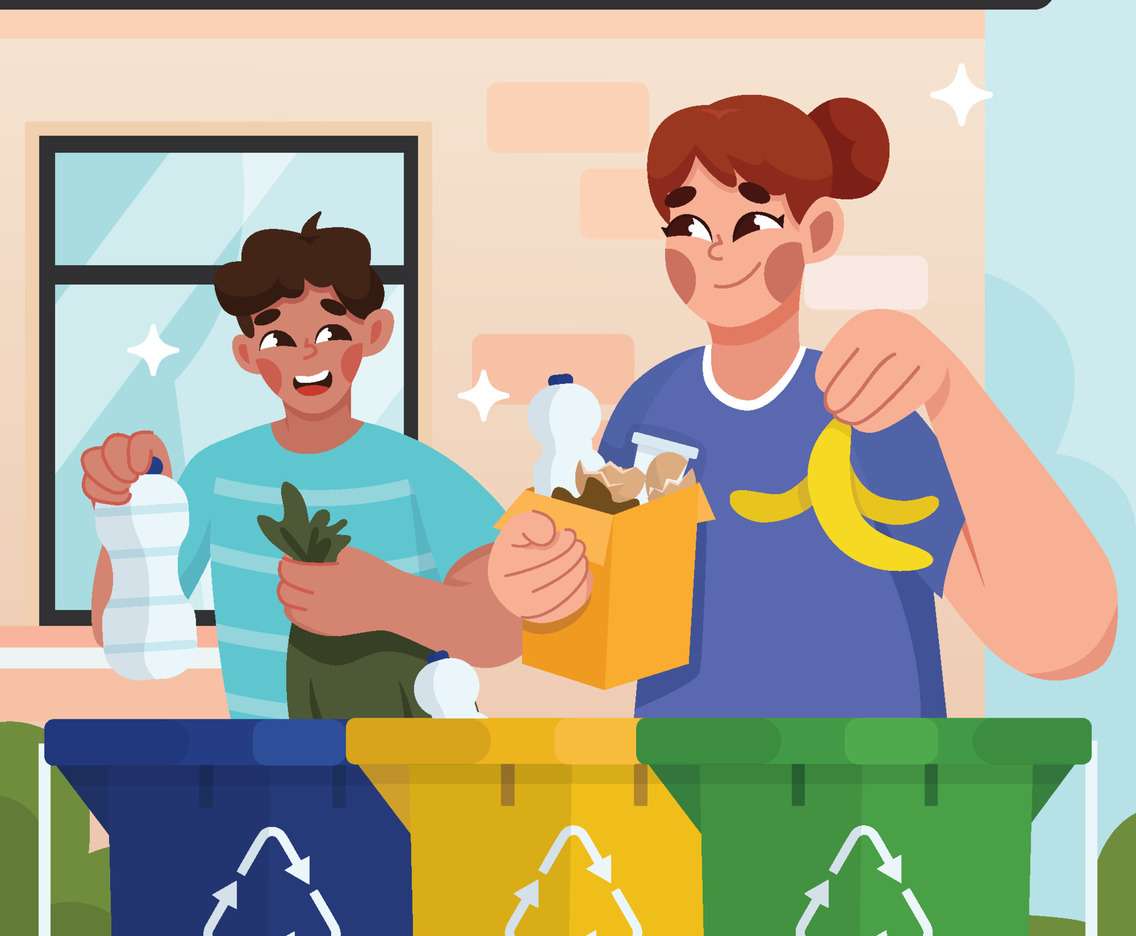 Brother and Sister Sorting Trash for Recycling at Home