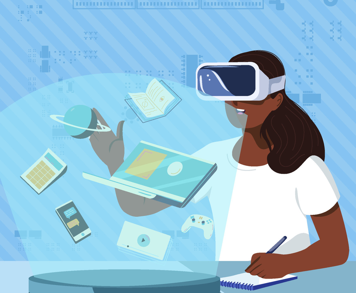 Student Arrange Her Task With Virtual Headset Concept