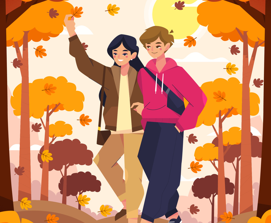 Falling Leaves And A Young Couple Walking