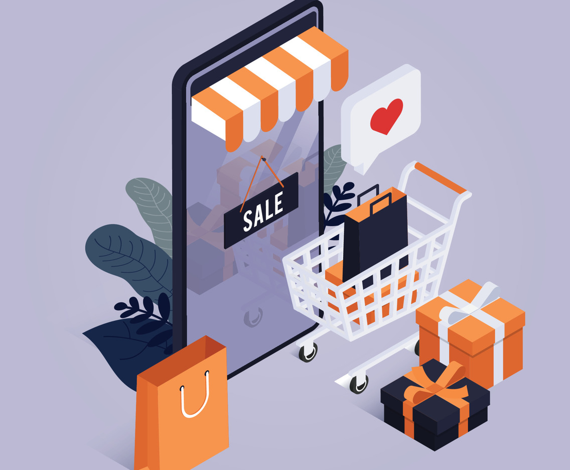 Isometric Online Shopping Design Concept with Shopping Cart and Bags