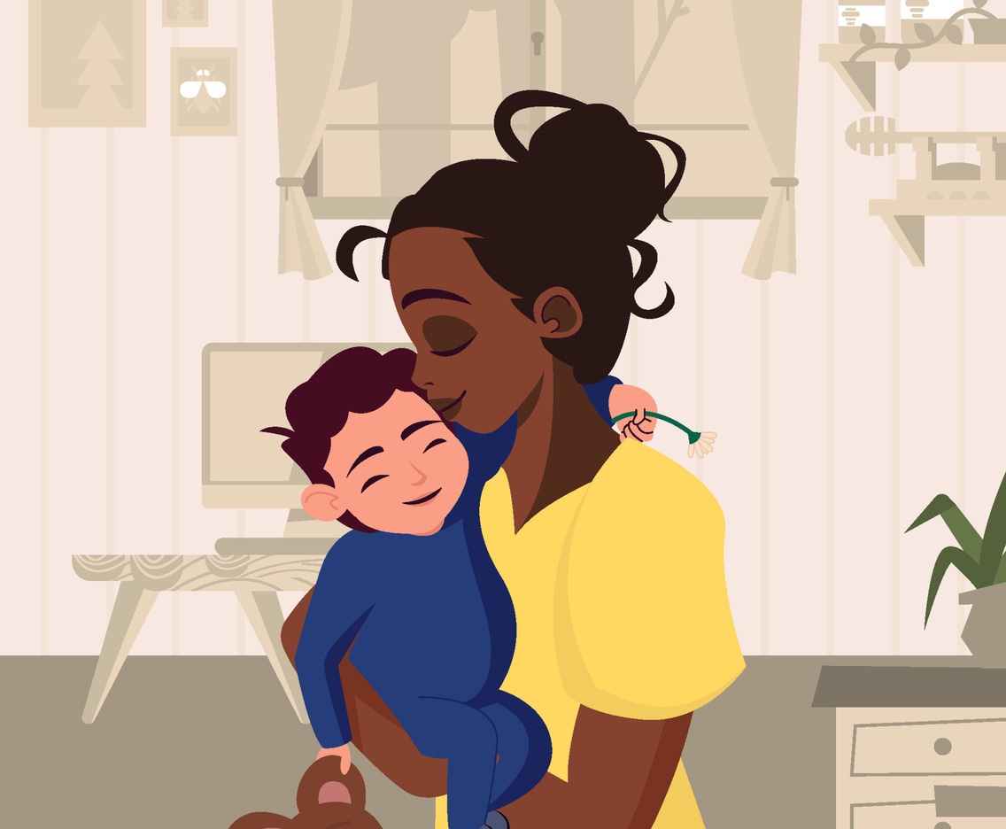 Mother Hug Adopted Boy In Living Room Concept