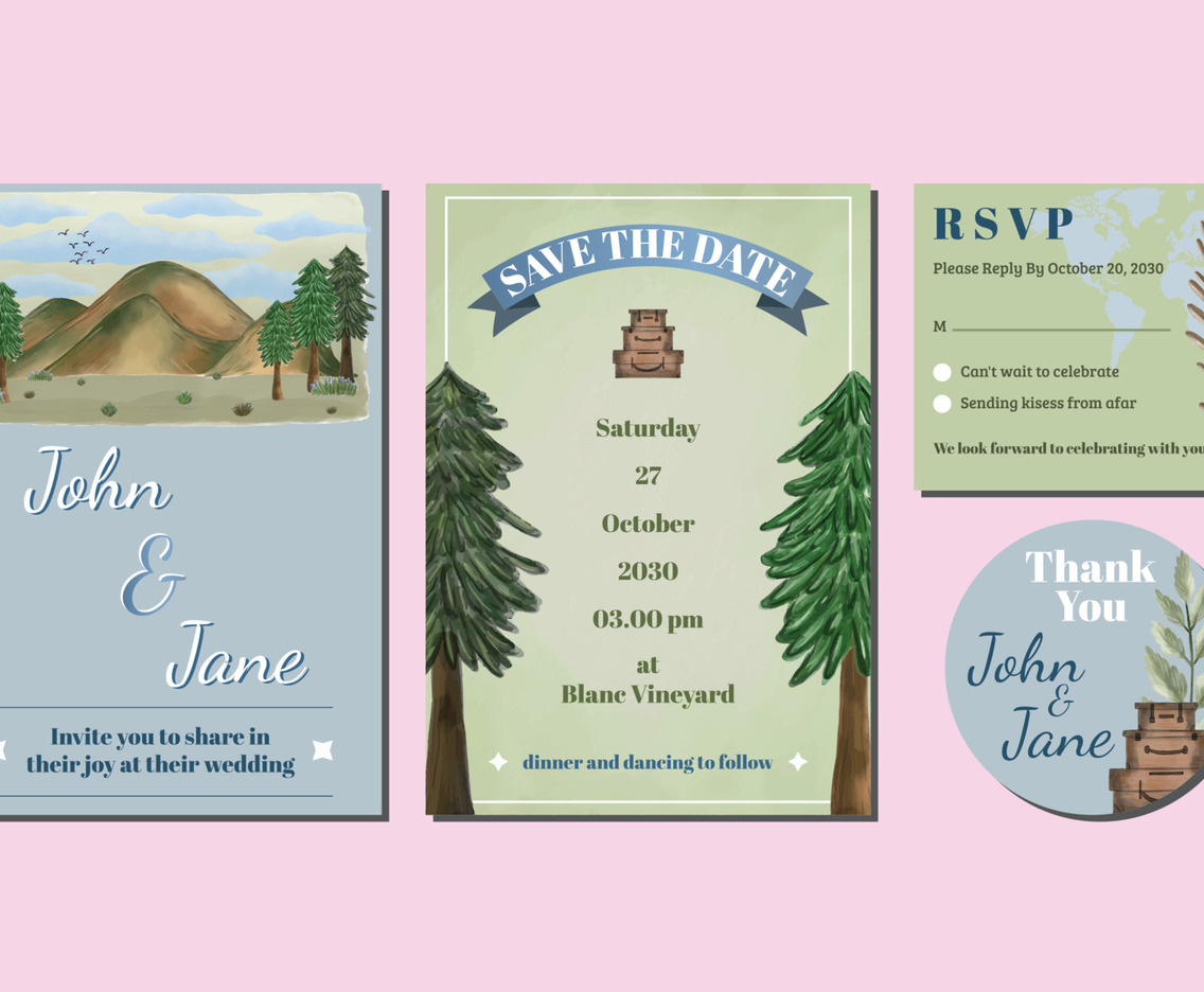 Hand-drawn Watercolor Travel Theme Wedding Invitation Set