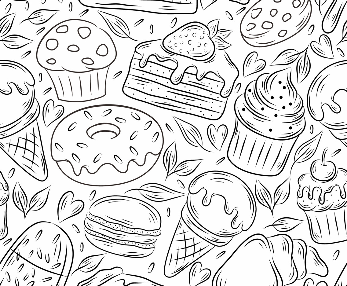 Dessert Food Hand Drawn Doodle Seamless Pattern Background