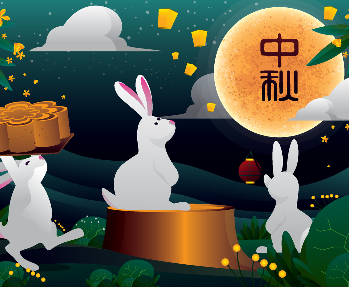Rabbits and Mooncake Celebrating Mid Autumn Festival