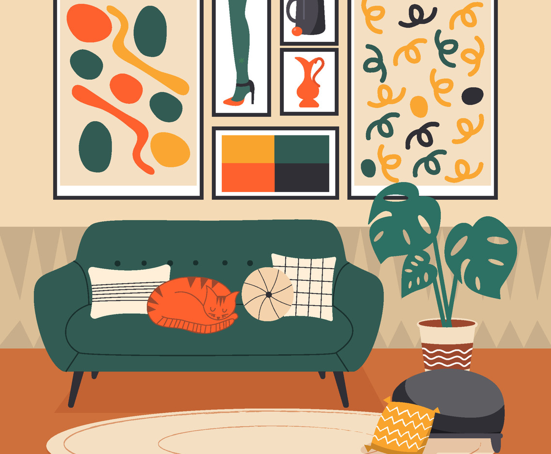Retro Interior With Cat On Couch Concept