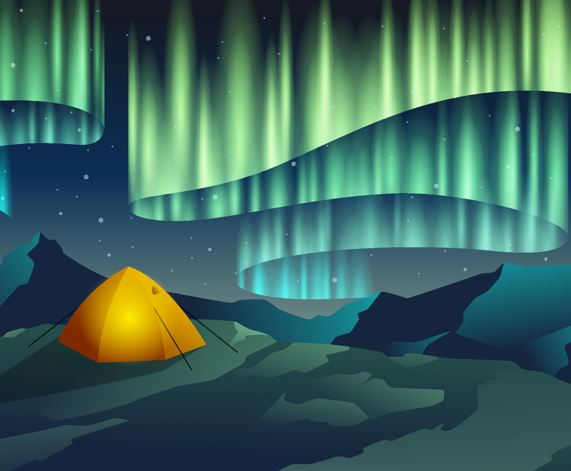 Scenery of Aurora with Tent in the Mountain