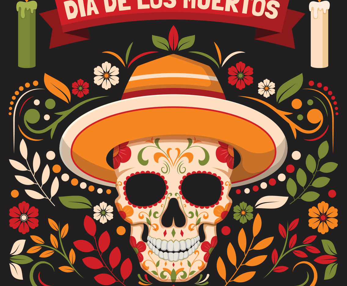 Dia De Los Muertos with Skull and Floral Ornament