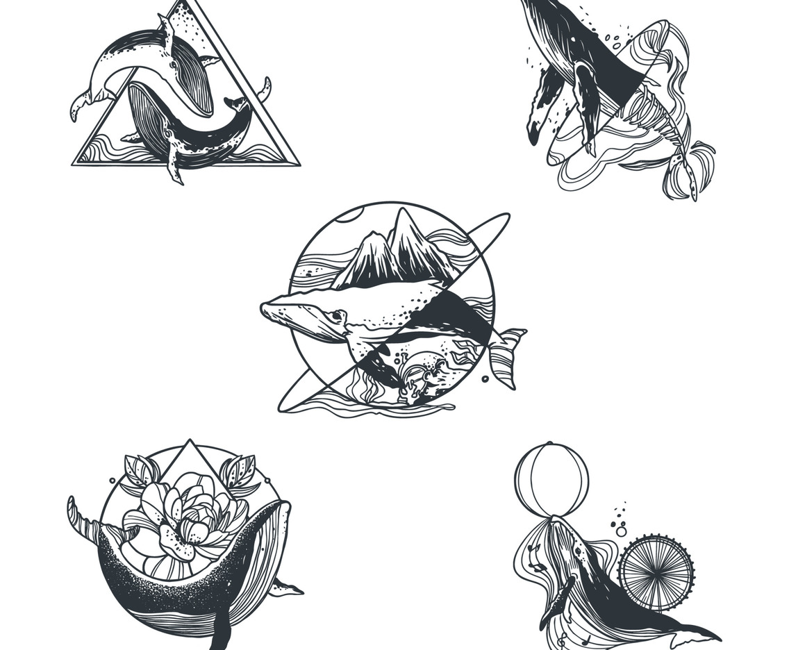 Minimalist Line Tattoo Theme Sticker With Whale Concept
