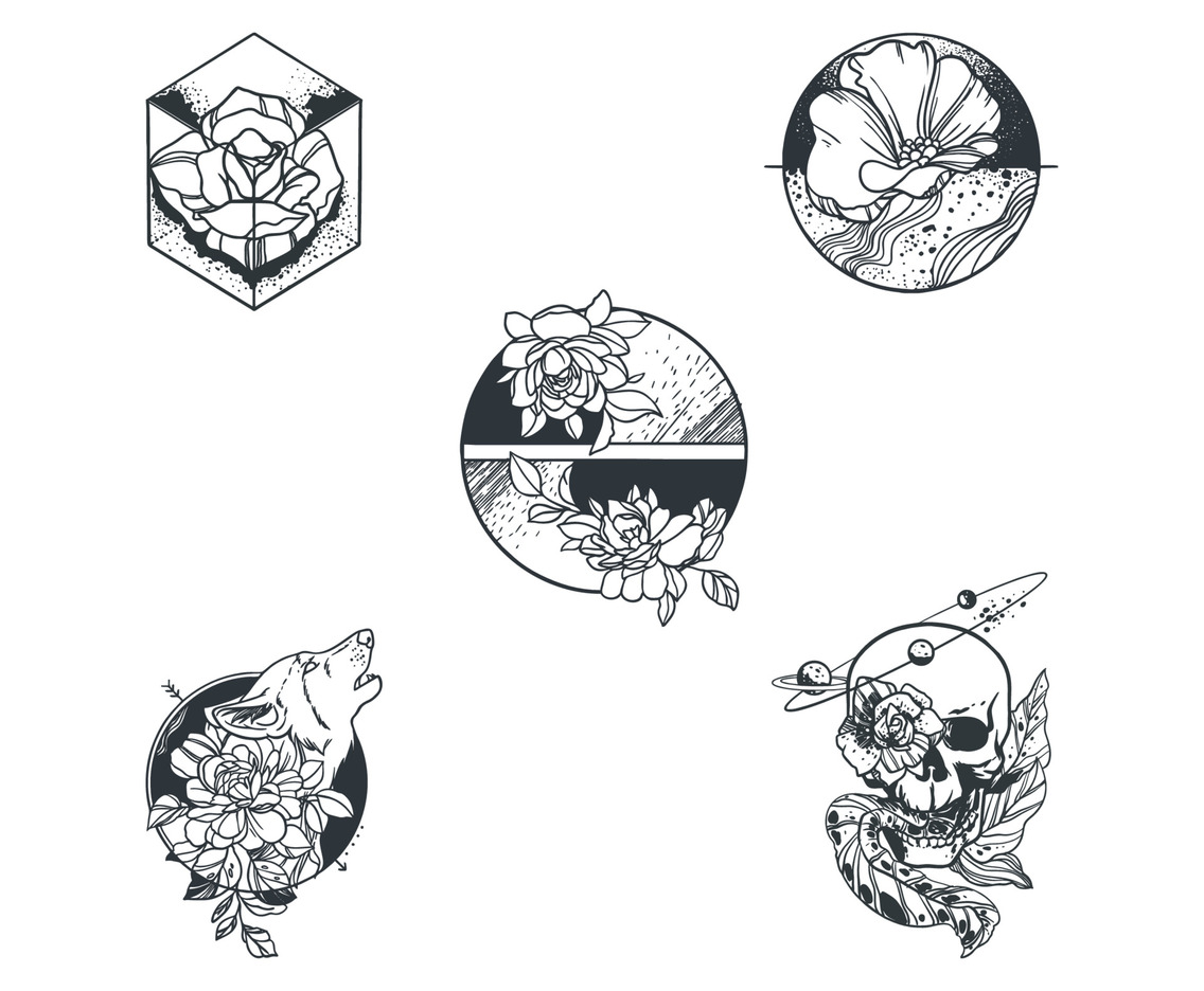Minimalist Tattoo Floral Theme And Concept Sticker Set