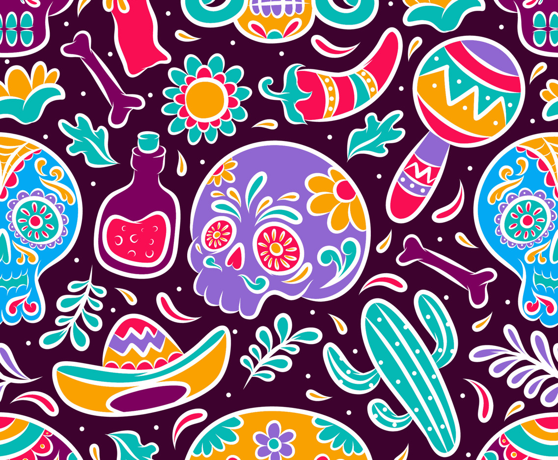 Sugar Skull Hand Drawn Colorfull Seamless Patten