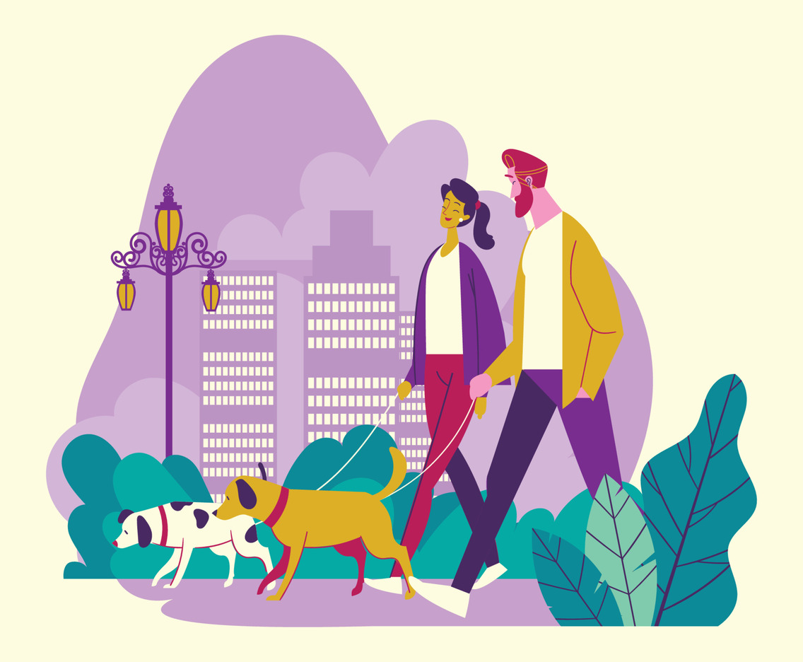 Dog Walker Couple in The City Park