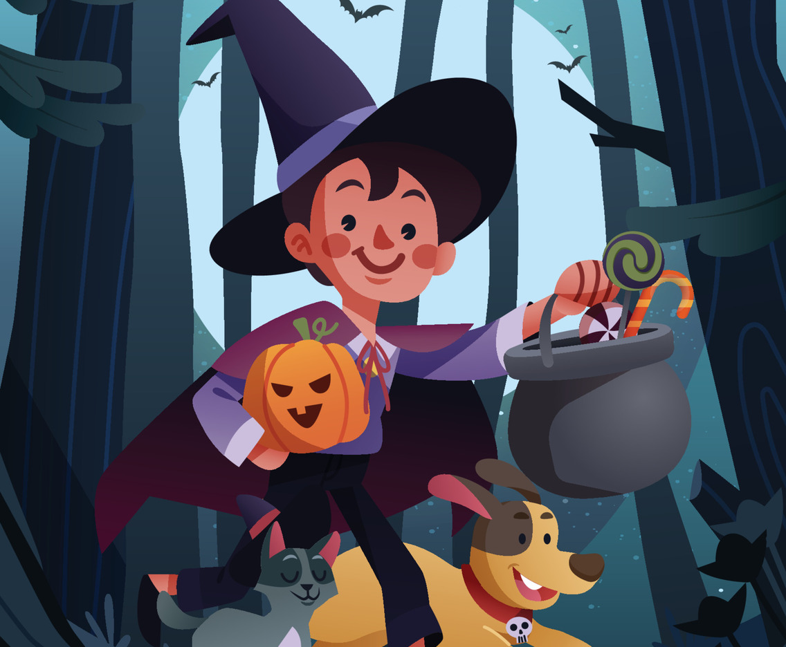 A Boy Does Trick Or Treat With His Cat And Dog In The Forest