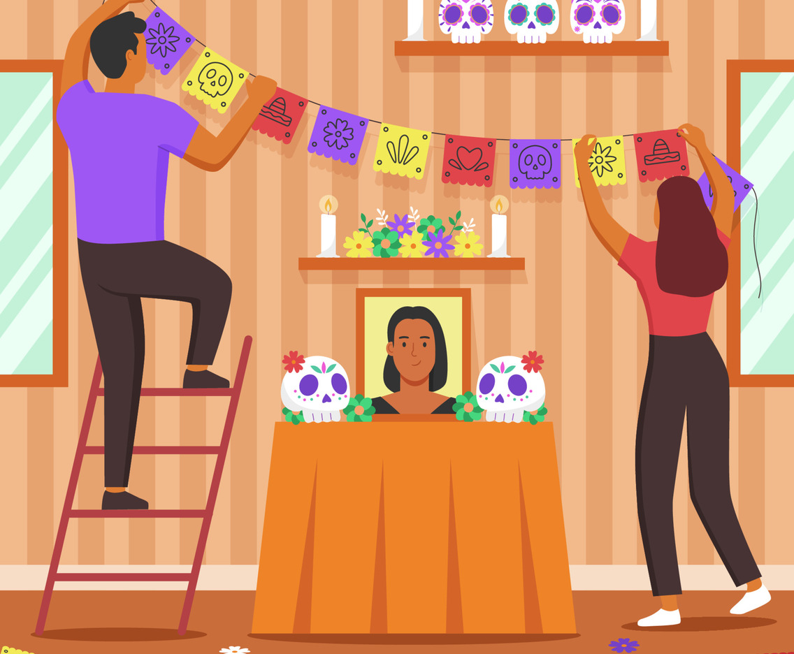 People Decorating for Dia de Los Muertos Celebrations