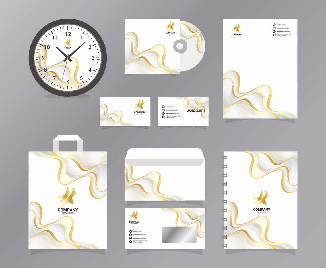 Business Kit Template With White And Gold Gradient Color
