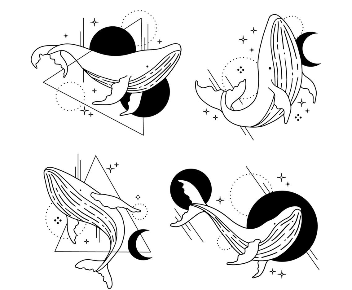 Collection of Hand Drawn Tattoo Whale with Simple Line Art Style
