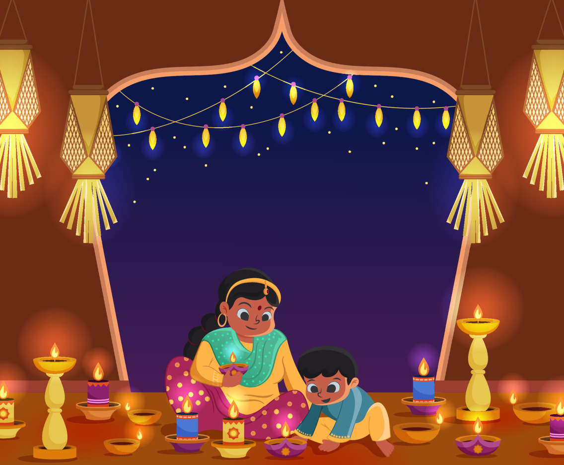 Mother and Son Light Up Oil Lamp during Diwali Festival