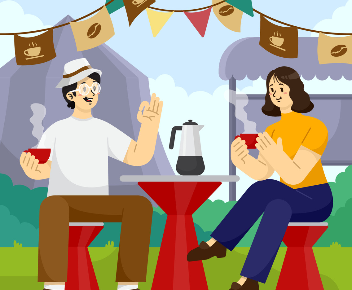 A Man and Woman Enjoying Coffee at the Festival