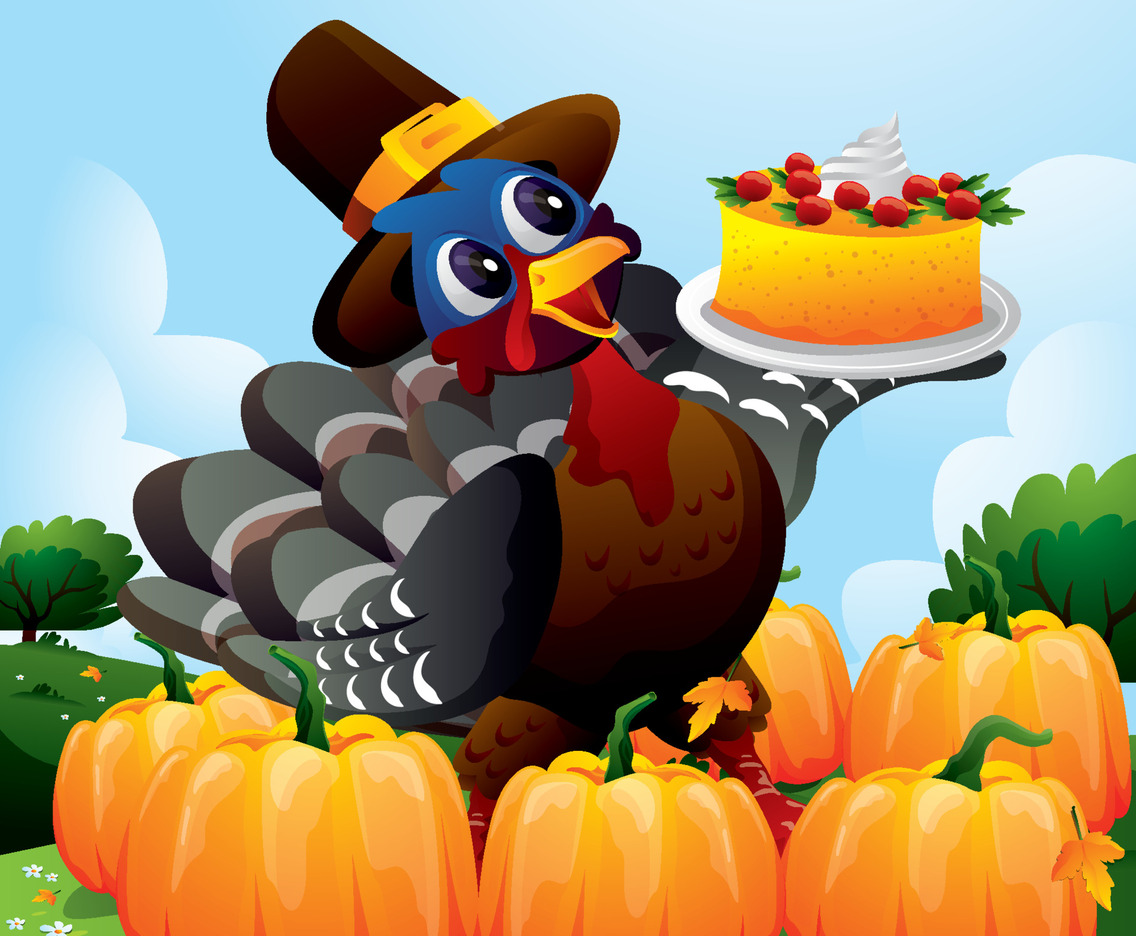Thanksgiving Concept with Happy Turkey Brings Apple Pie