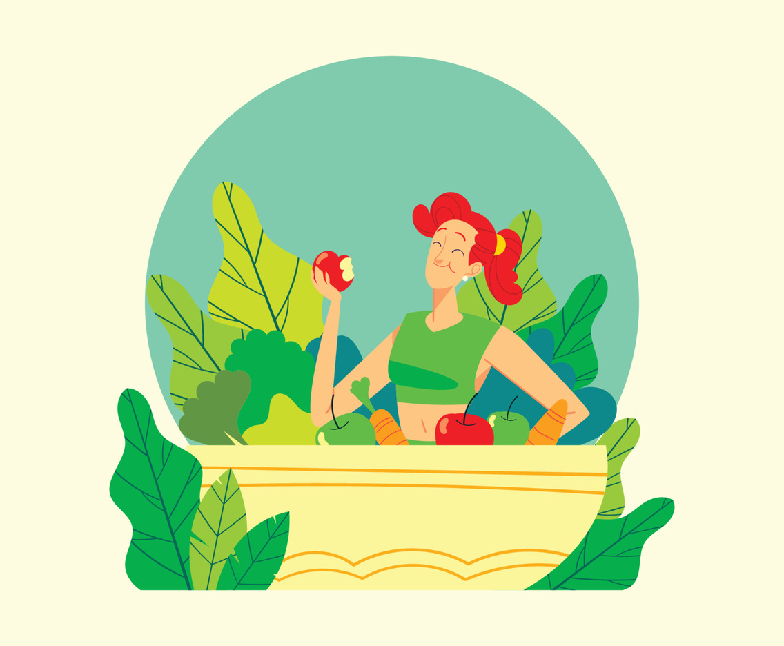 Woman Eat Apple in a Huge Vegetarian Bowl