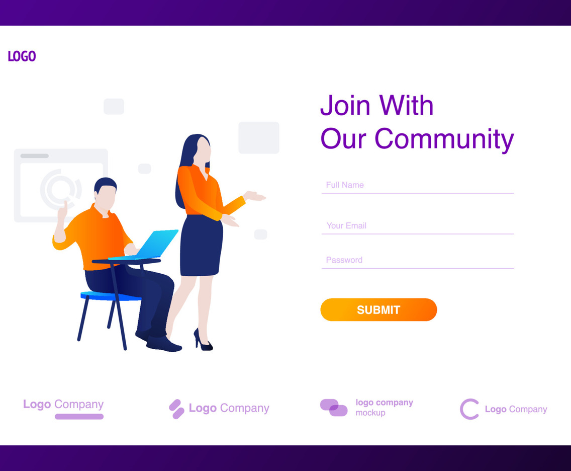 man and woman inviting gesture modern concept illustration with sign up form for website
