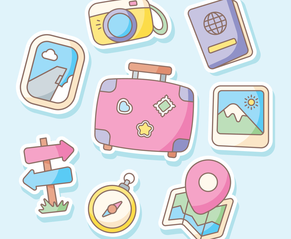 Set of Hand Drawn Kawaii Traveling Sticker