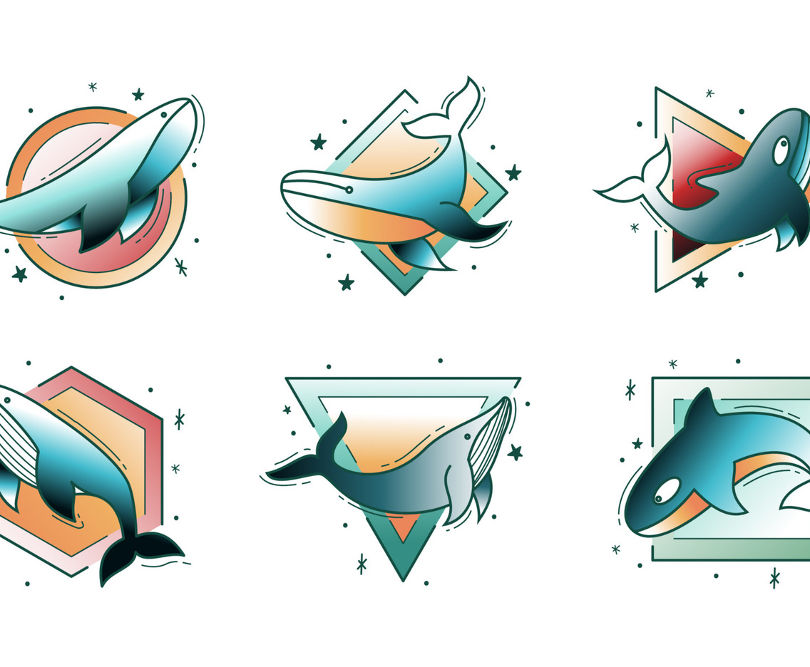 Cute Colorful Whale Tattoo Set