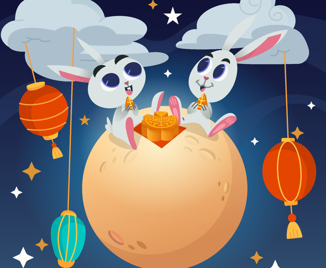 Two Rabbits Eating Mooncake on Moon Concept