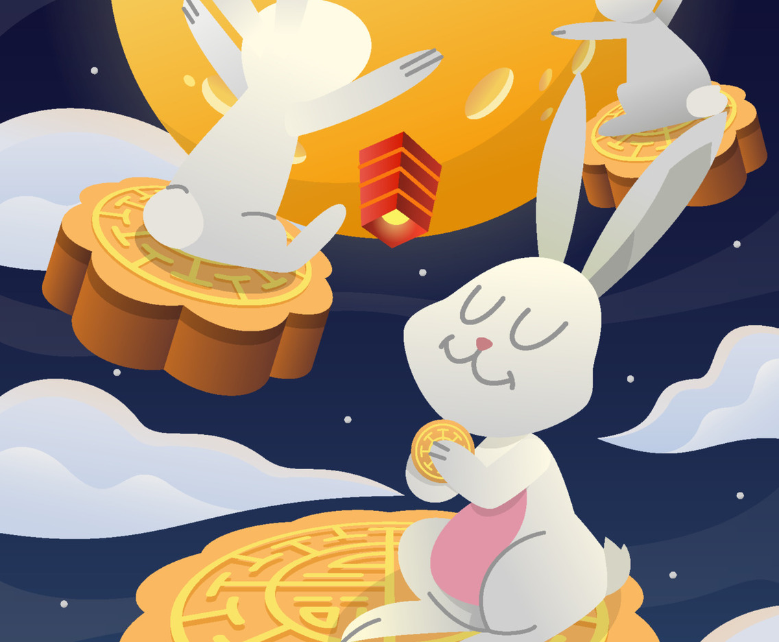 Bunny Flying to The Moon with a Mooncake