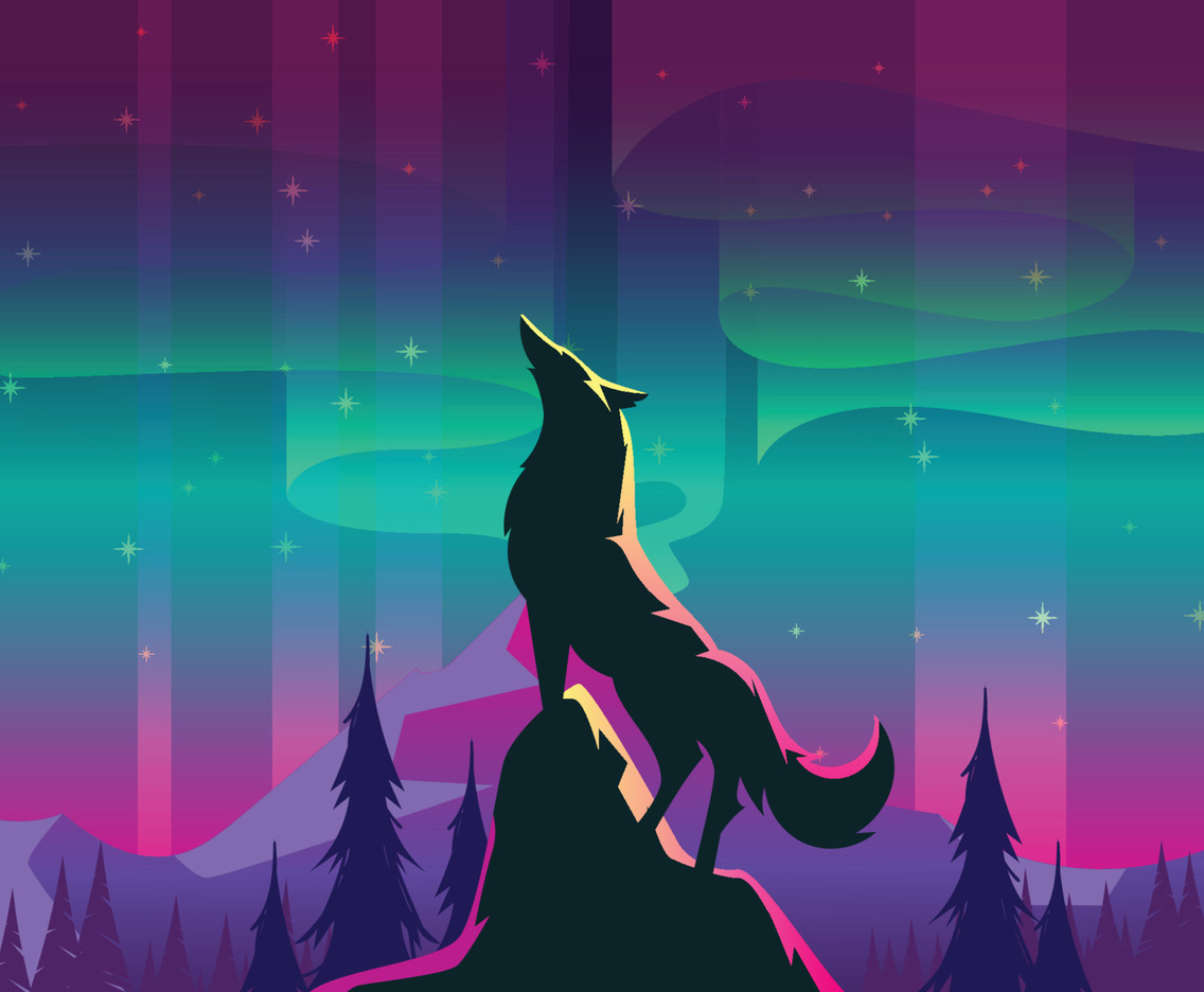 A Wolf With Northern Light in The Sky
